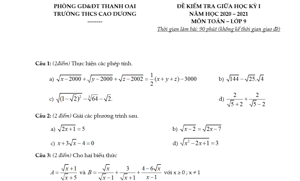 Toán 9. Đề thi giữa học kỳ 1 Trường THCS Cao Dương năm học 2021-2022